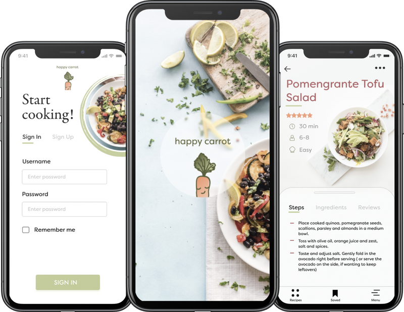 3 mobile screens of food recipe app