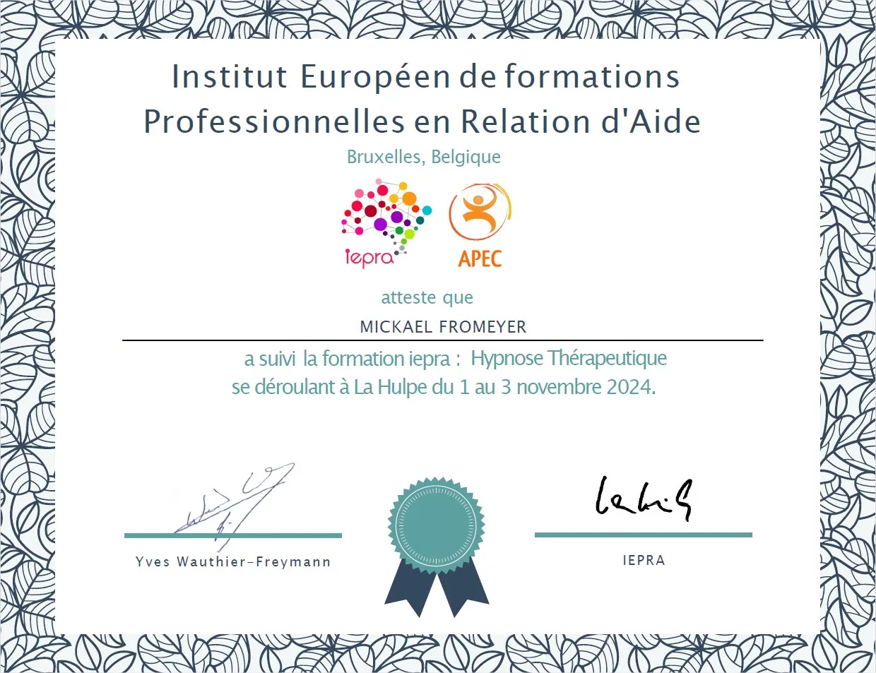 Attestation iepra - Hypnose Thérapeutique