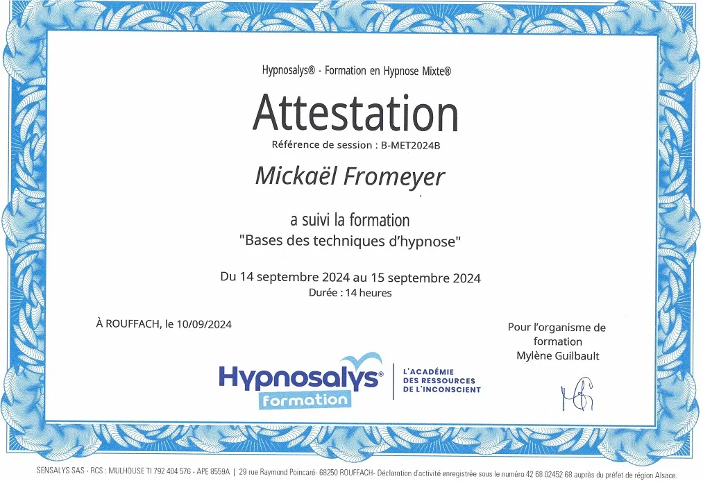Attestation - bases Hypnose (Hypnosalis)