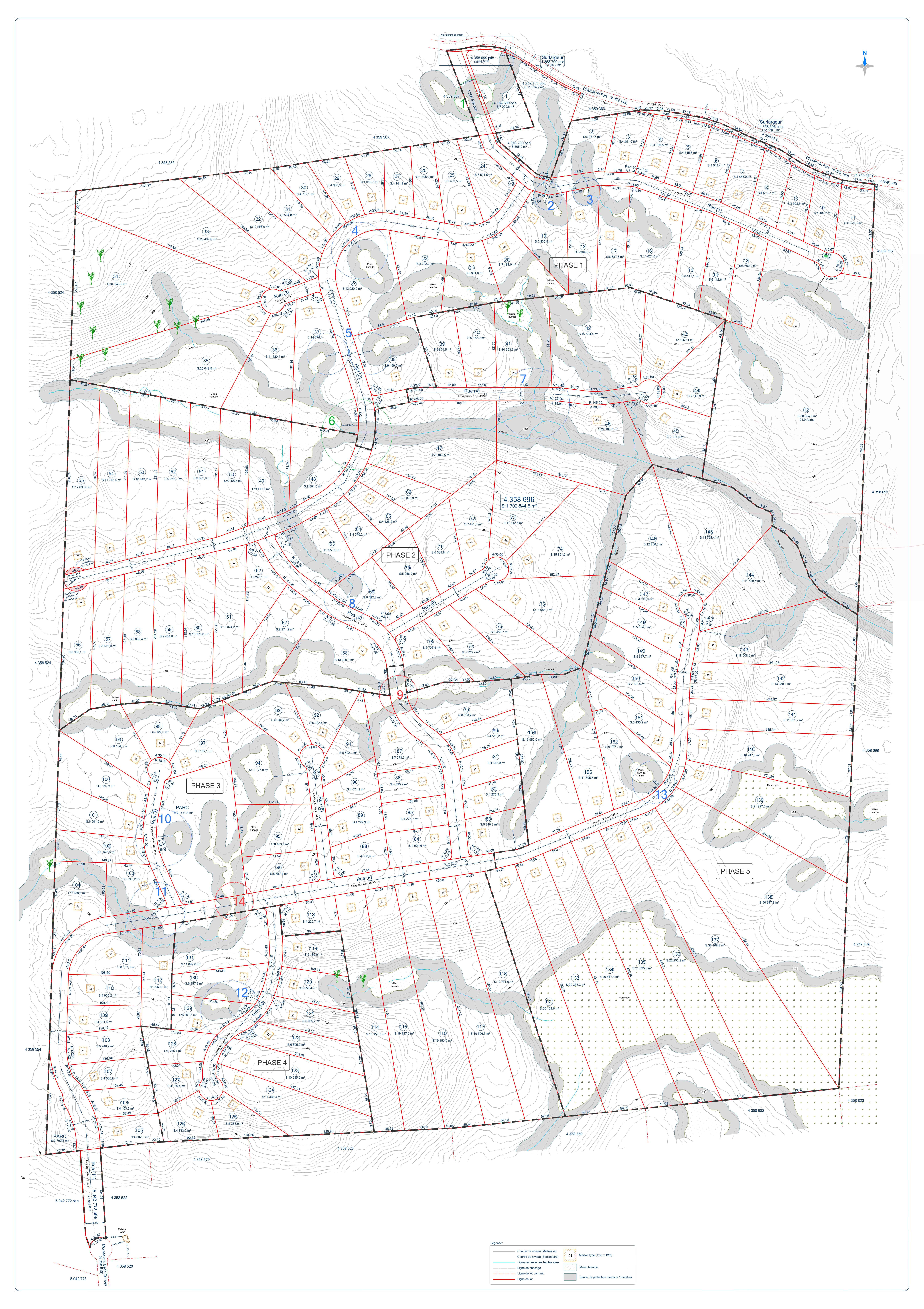 Detailed topographic site plan showing a residential subdivision layout with phases 1 to 5, plotted lots, roads, contour lines, and green spaces.