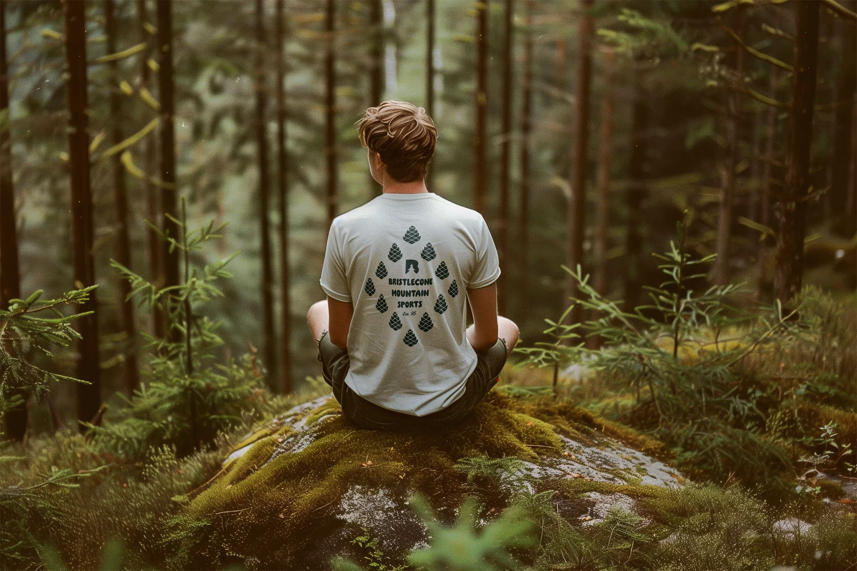 man in woods with graphic tee