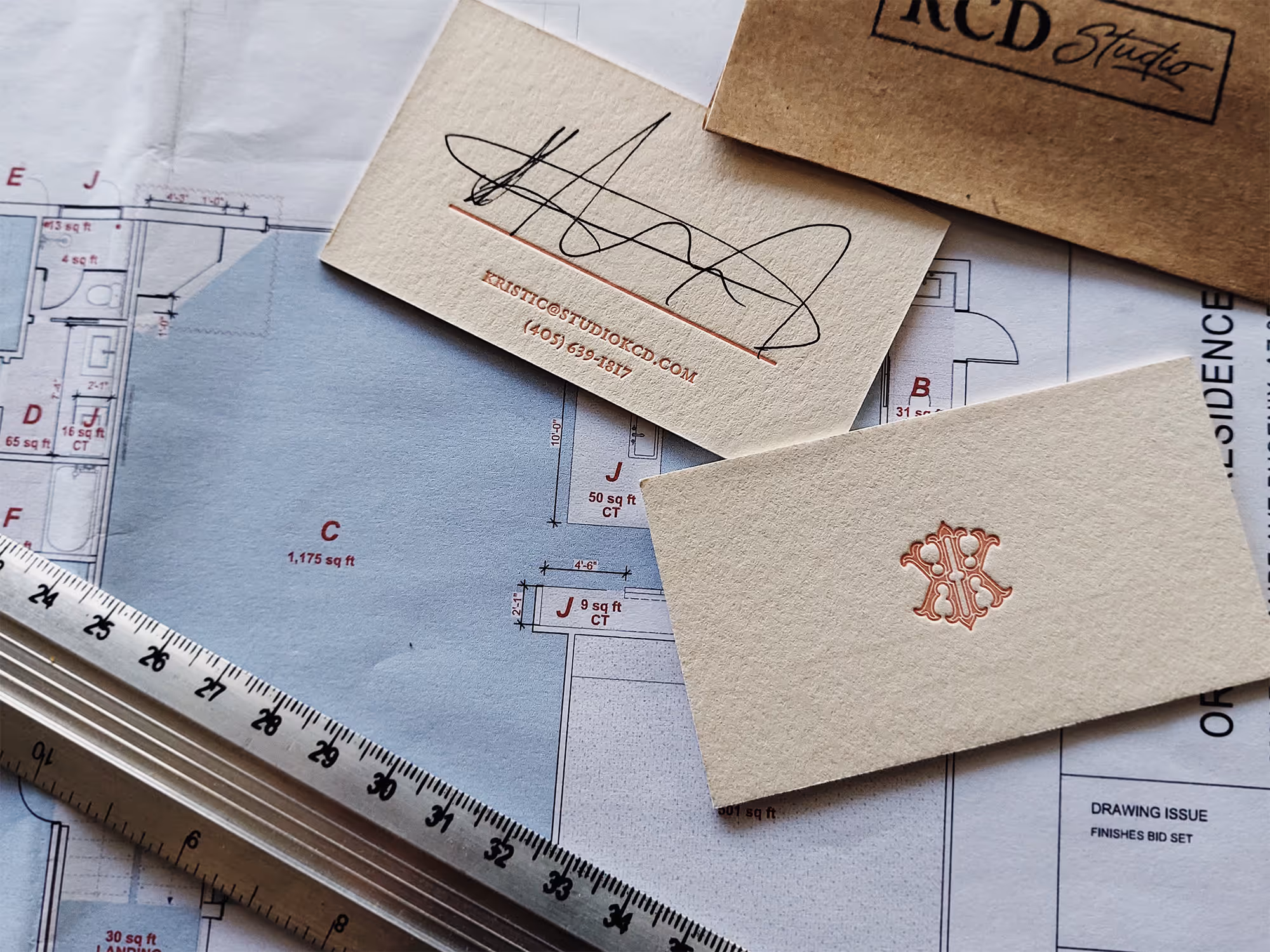 business cards on architect plans