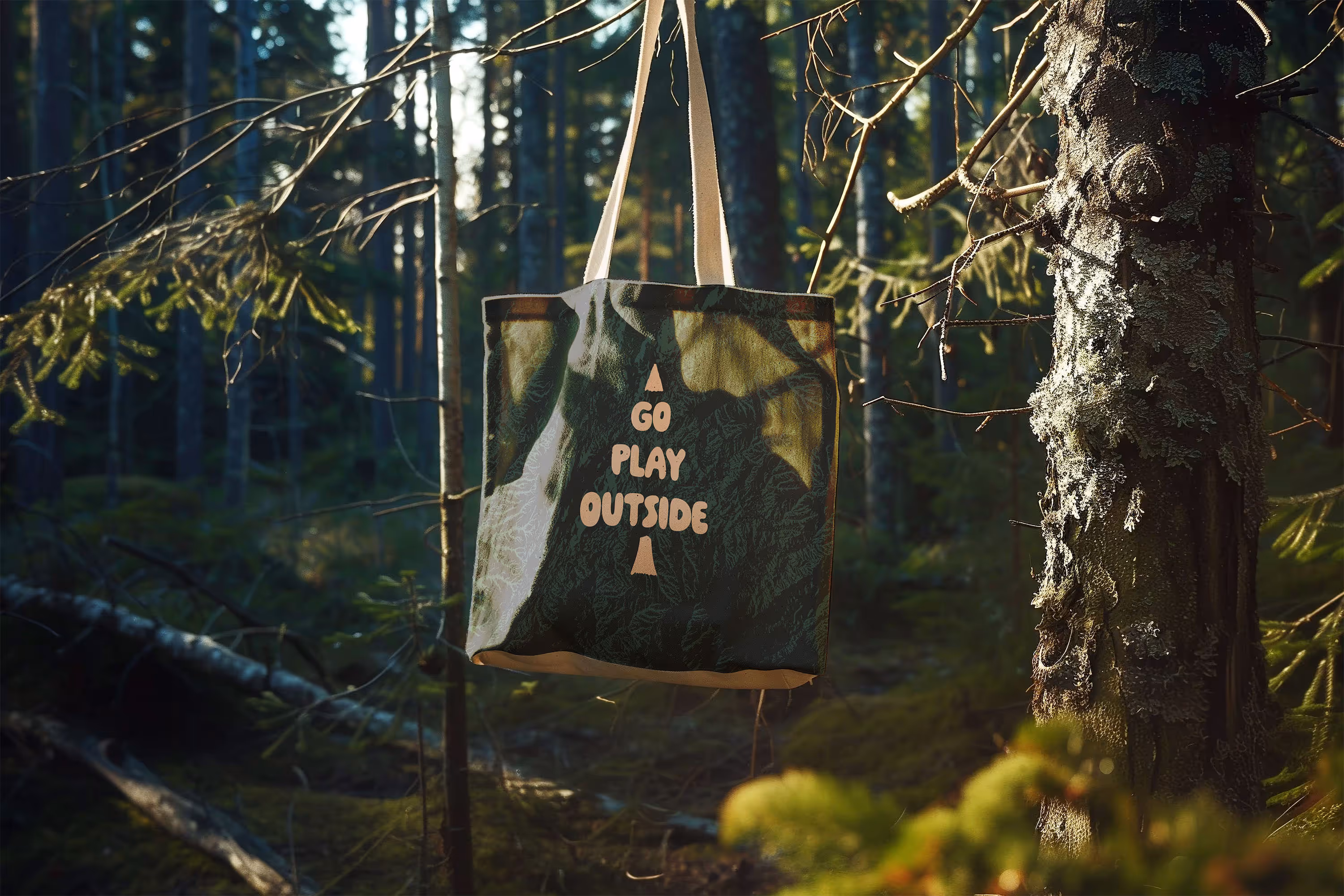 canvas tote with graphic in woods