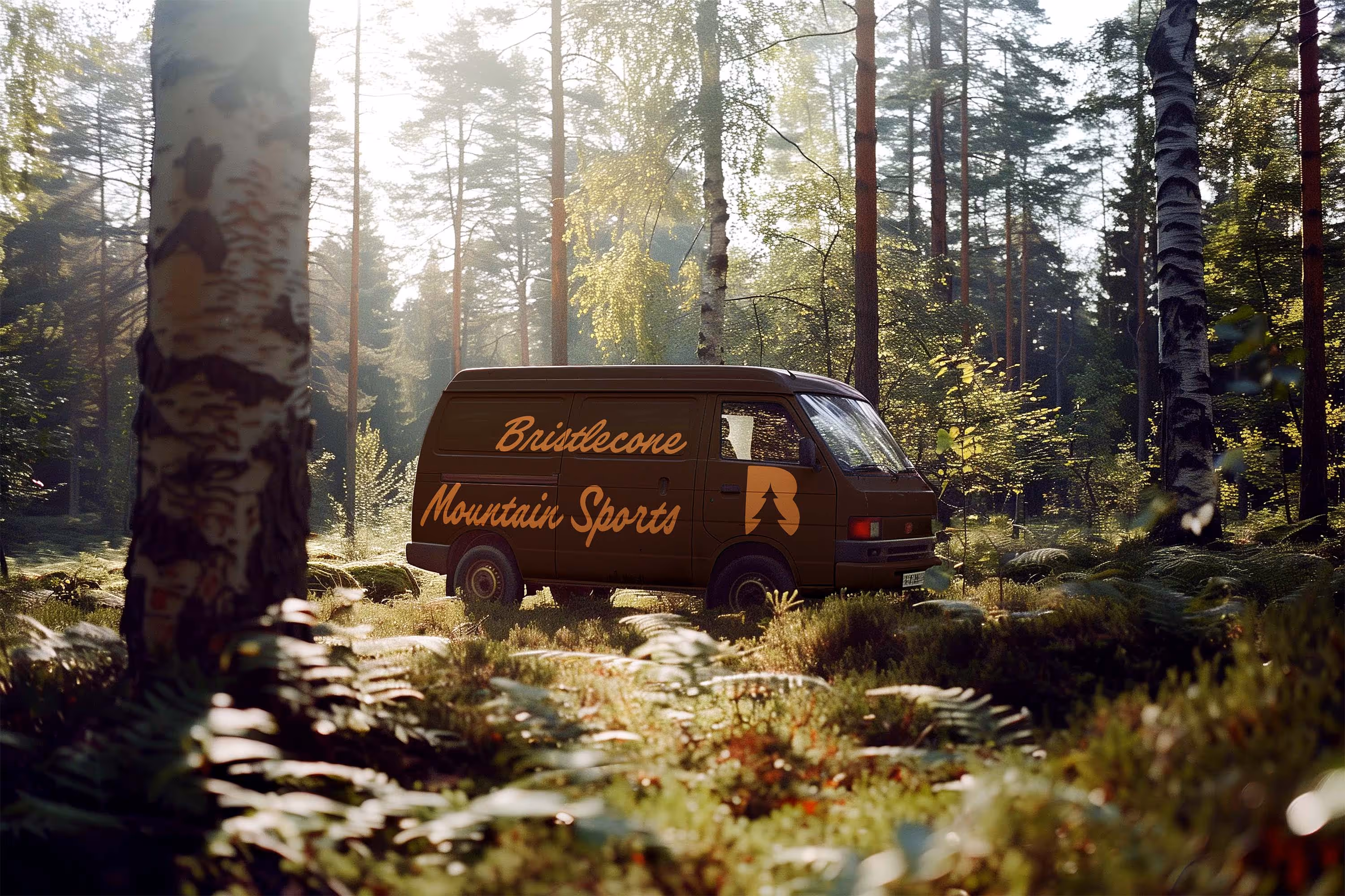 old van with graphic wrap in woods