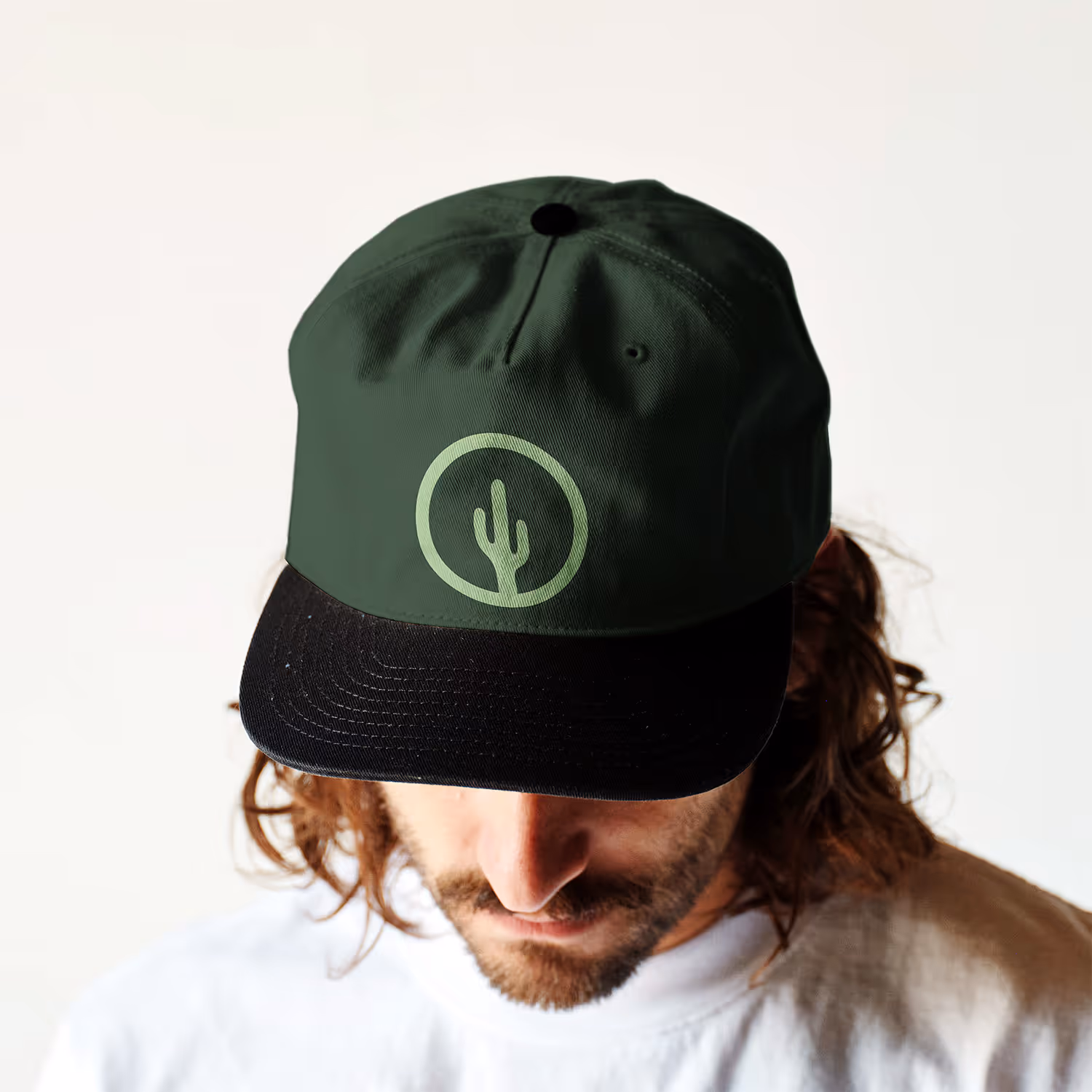 green ball cap on male model