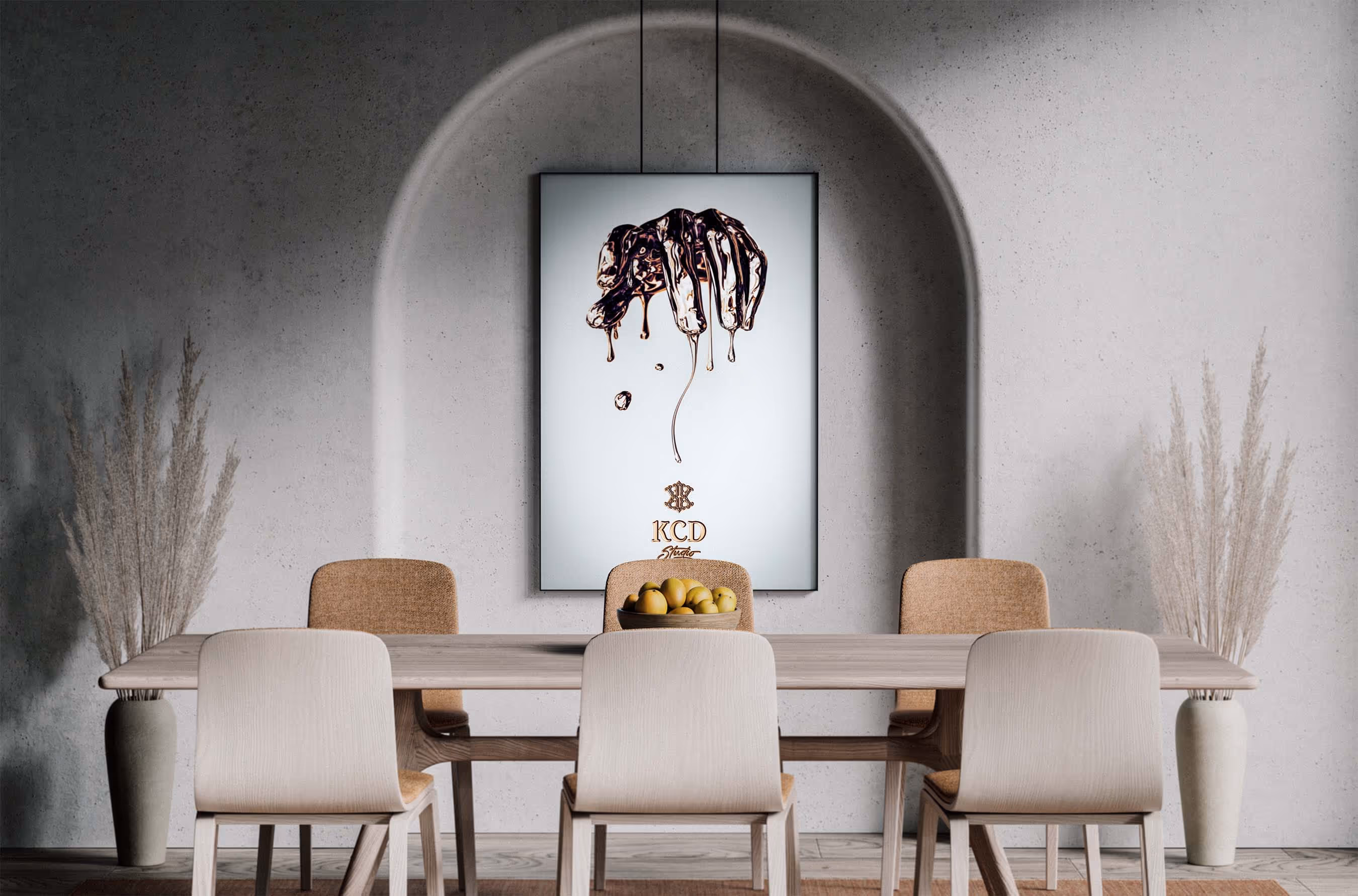 dinner table with plants and 6 chairs