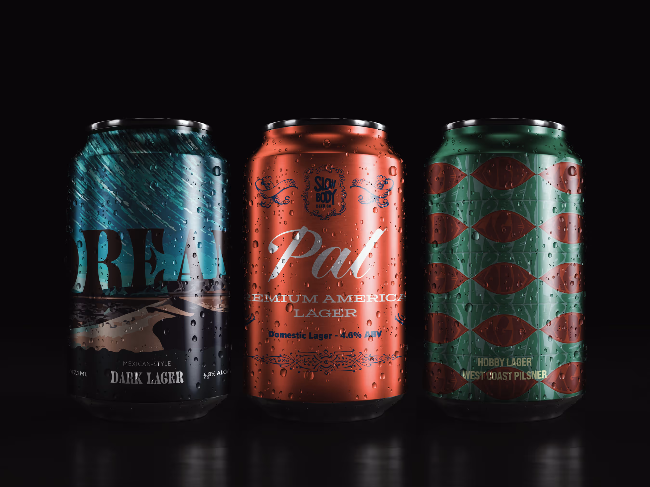 3 beer can mockup on black background