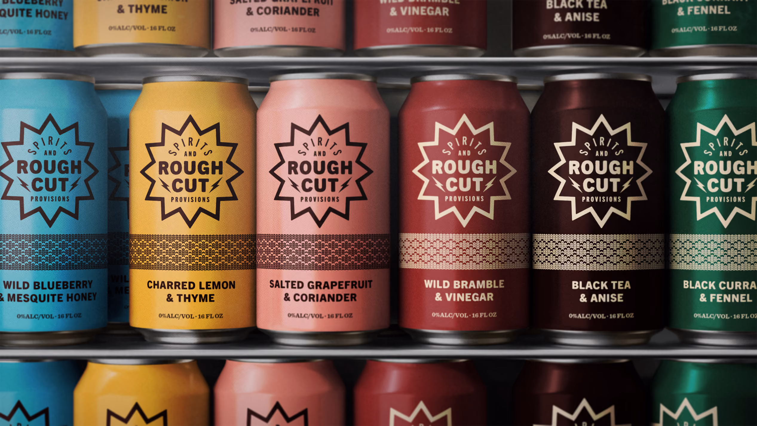 Rows of colorful canned beverages with labels showing 'Spirits and Rough Cut Provisions' and flavors including Wild Blueberry & Mesquite Honey, Charred Lemon & Thyme, Salted Grapefruit & Coriander, Wild Bramble & Vinegar, Black Tea & Anise, and Black Currant & Fennel.