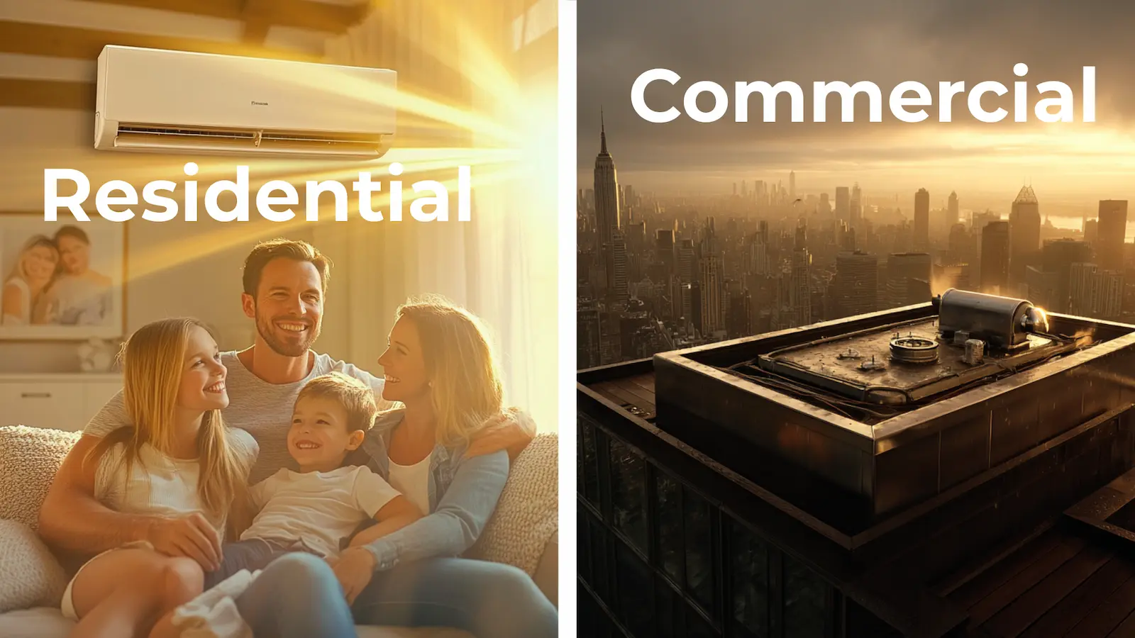 Side-by-side image showing a happy family under a residential AC unit and a rooftop commercial HVAC system above the New York City skyline.