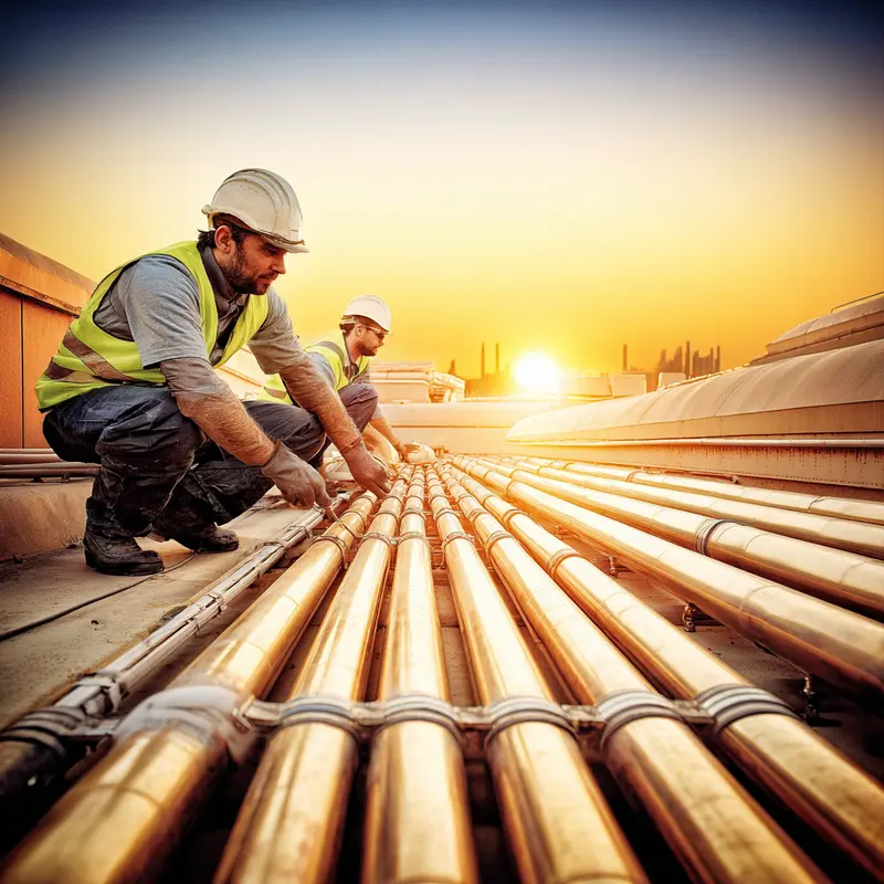 Technicians installing commercial HVAC piping system on a rooftop during sunrise in New York.