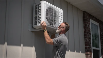 HVAC technician installing ductless mini split AC unit on the side of a residential home in New York.