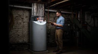 Certified HVAC technician servicing a residential furnace unit in a home basement.
