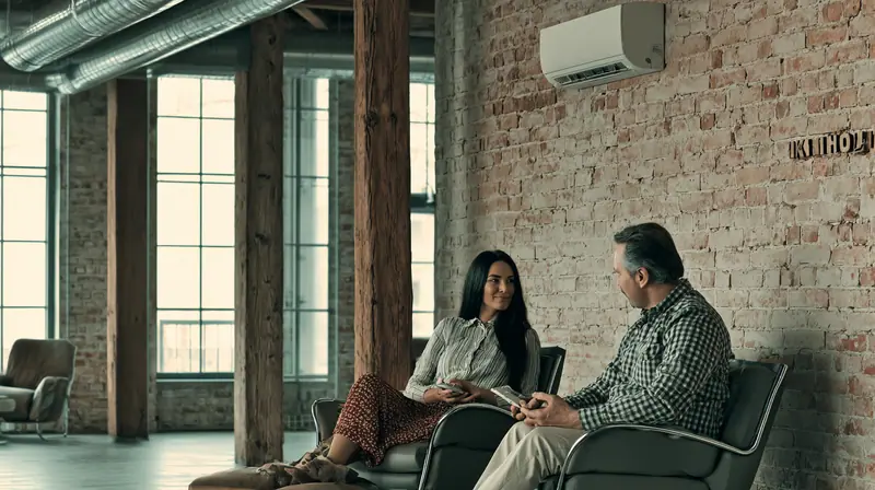 Modern living room with ductless mini split AC unit and two people discussing HVAC upgrades.