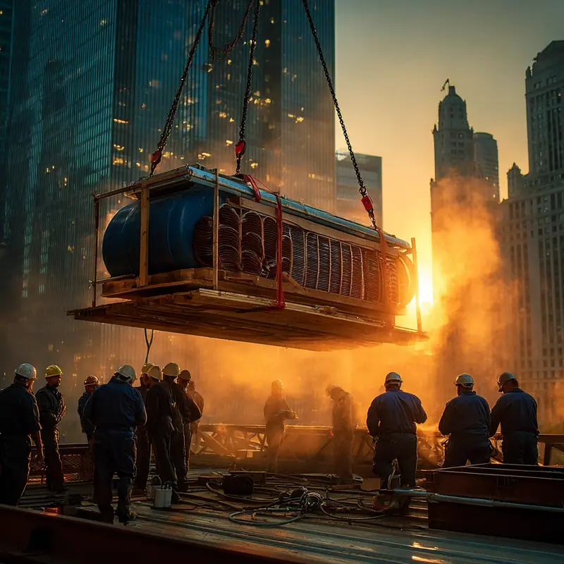 Large HVAC unit lifted by crane on a commercial rooftop construction site in New York City, surrounded by workers at sunset.