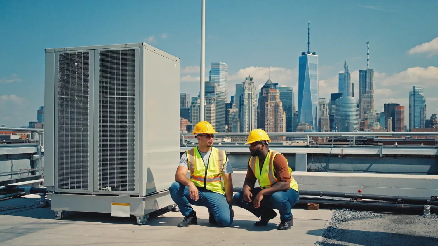 Two HVAC technicians in safety gear inspecting a rooftop unit on a commercial building with the New York City skyline in the background.