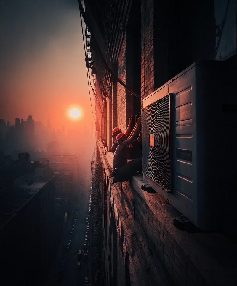 HVAC technician installing a high-rise unit on a brick building exterior at sunset in New York City, with skyline in the background.