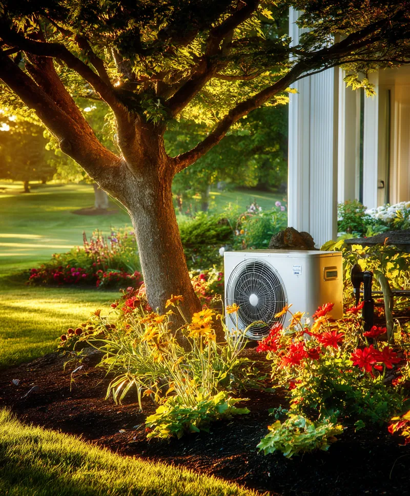 Outdoor HVAC unit installed in a landscaped backyard garden of a Fairfield County home, surrounded by flowers and trees during golden hour.