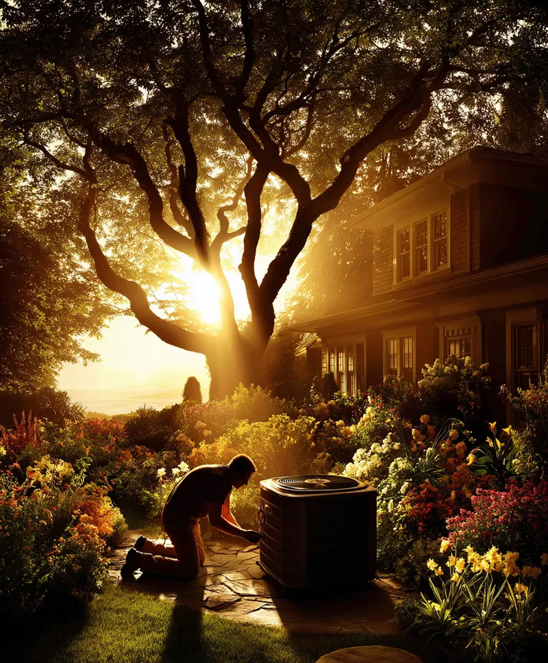 HVAC technician servicing an outdoor air conditioning unit in a landscaped backyard of a New Jersey home during golden hour, surrounded by trees and flowers.