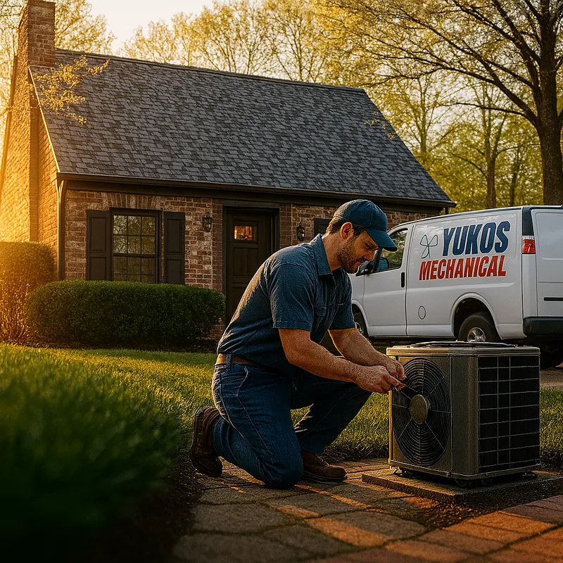 HVAC technician servicing an outdoor air conditioning unit near a brick suburban home in Bergen County, New Jersey, during golden hour.