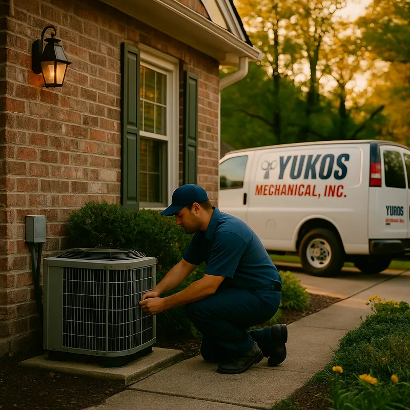 Yukos Mechanical HVAC technician walking toward a suburban home in Hackensack, New Jersey, with service van parked nearby during golden hour.