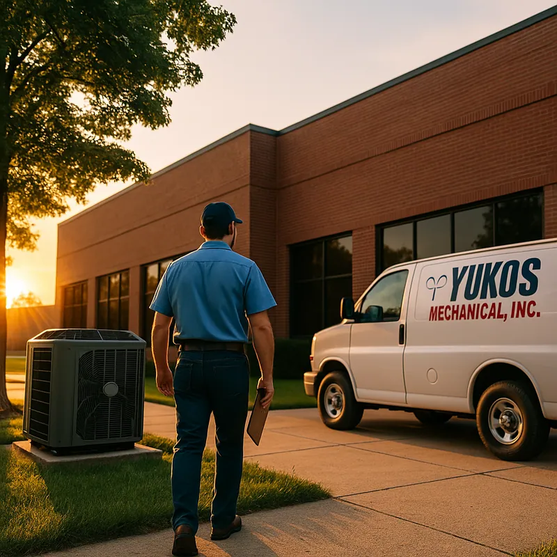 Yukos Mechanical HVAC technician performing a rooftop commercial installation on a modern building in Paramus, New Jersey, with service van in the background during sunset.