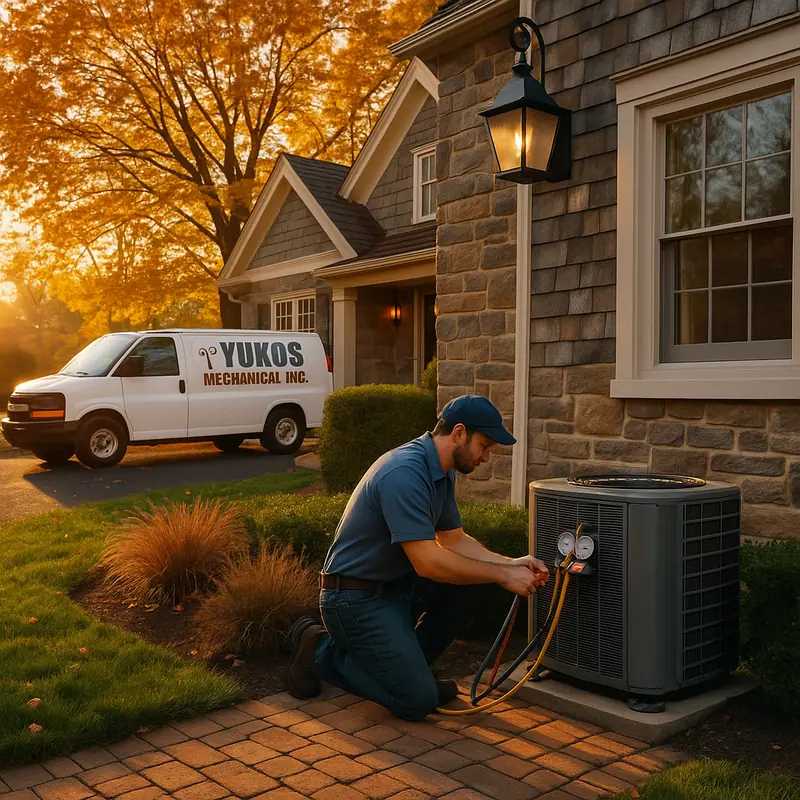 Yukos Mechanical HVAC technician arriving for a service visit at a colonial-style home in Westchester County, New York, with branded service van and fall foliage in the background.