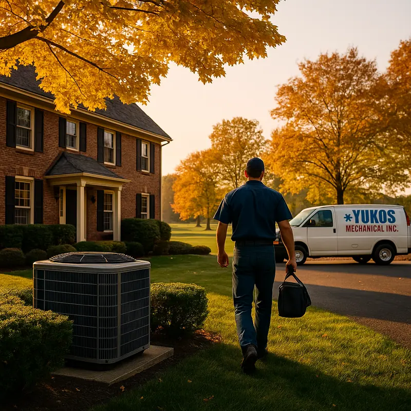 Yukos Mechanical HVAC technician arriving at a residential service call near Rockland Country Club in Rockland County, New York, with a branded van and golf course in the background.