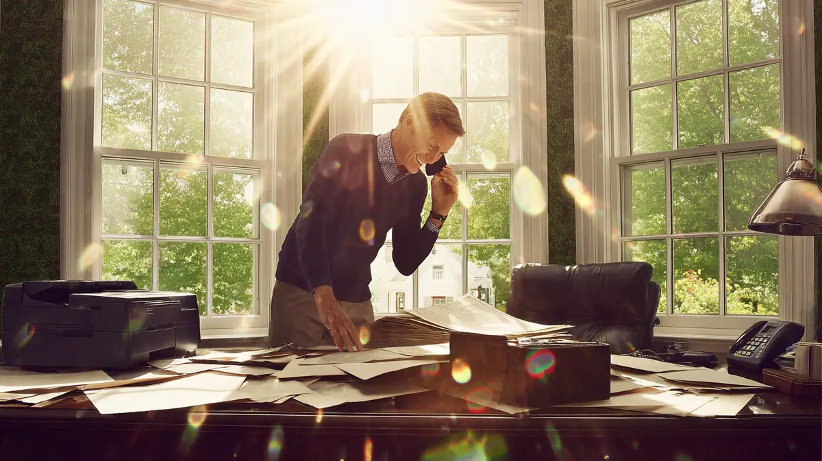 Man in a sunny New York home office smiling while speaking on the phone with an HVAC service provider, surrounded by paperwork and a desk phone, warm morning light coming through the windows.