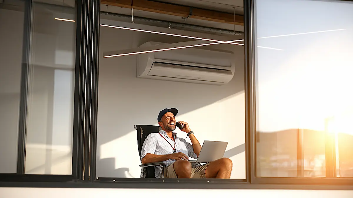 Smiling man sitting in a sunlit modern office with air conditioner, talking on the phone and using a laptop, enjoying HVAC comfort