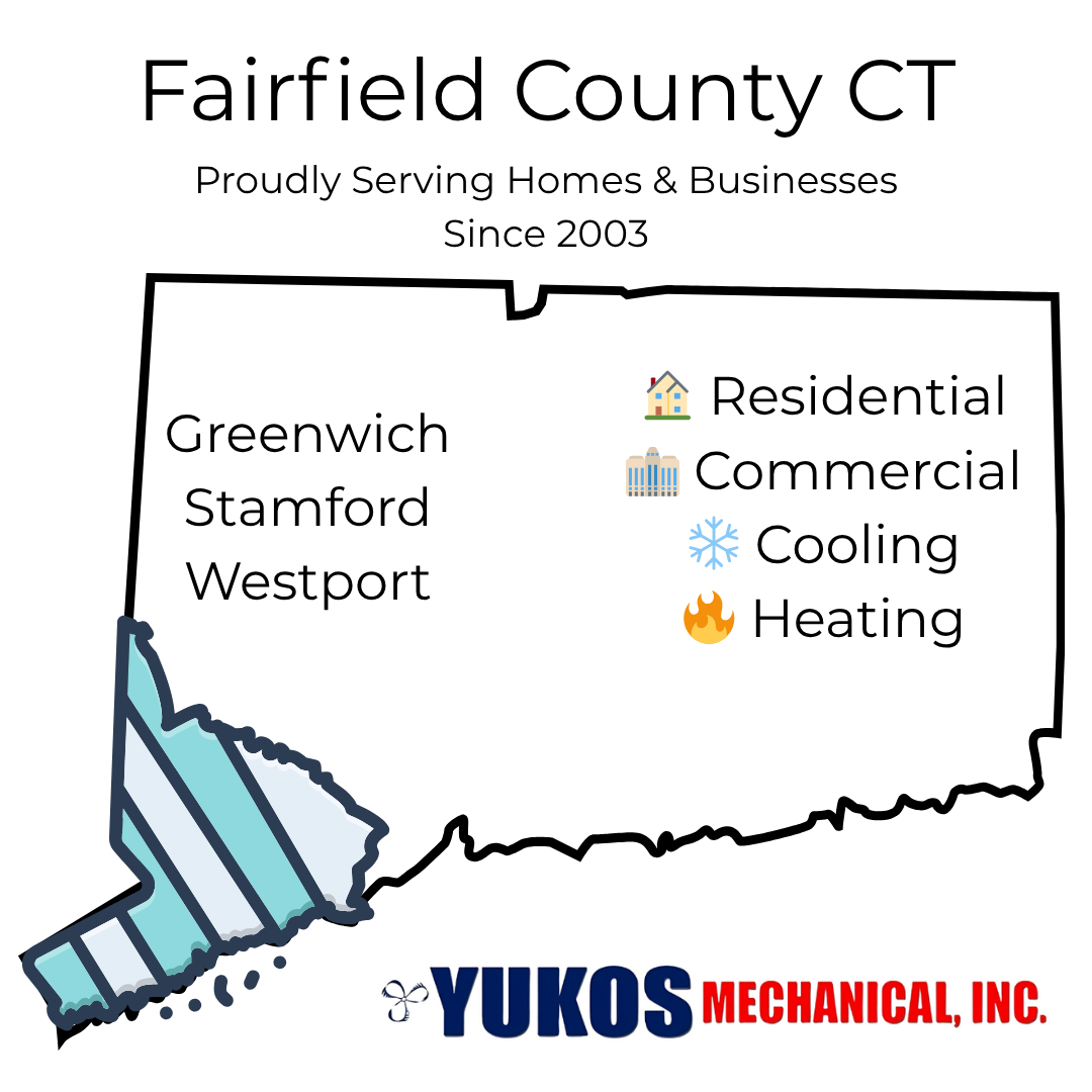 Map of Fairfield County CT highlighting HVAC services and towns served by Yukos Mechanical