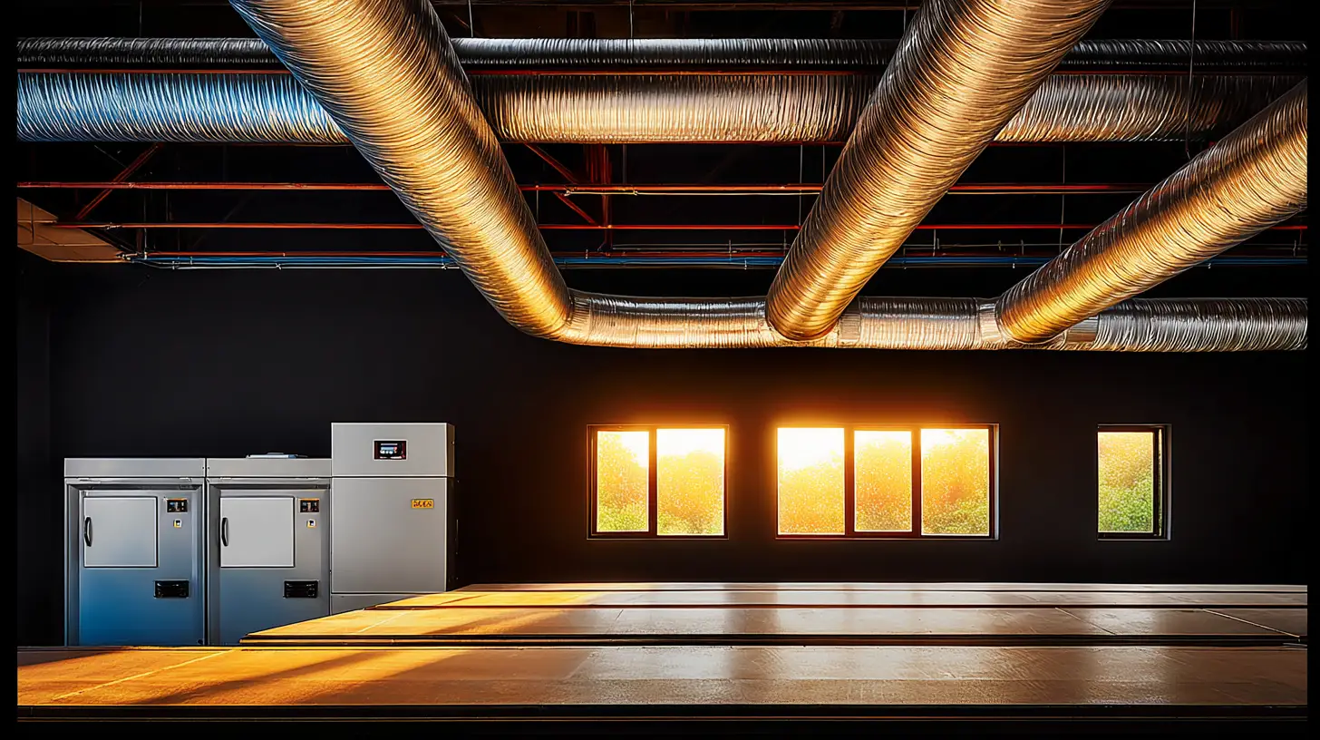 Award-winning commercial HVAC installation with large exposed ductwork and control panels, illuminated by golden hour sunlight through industrial windows