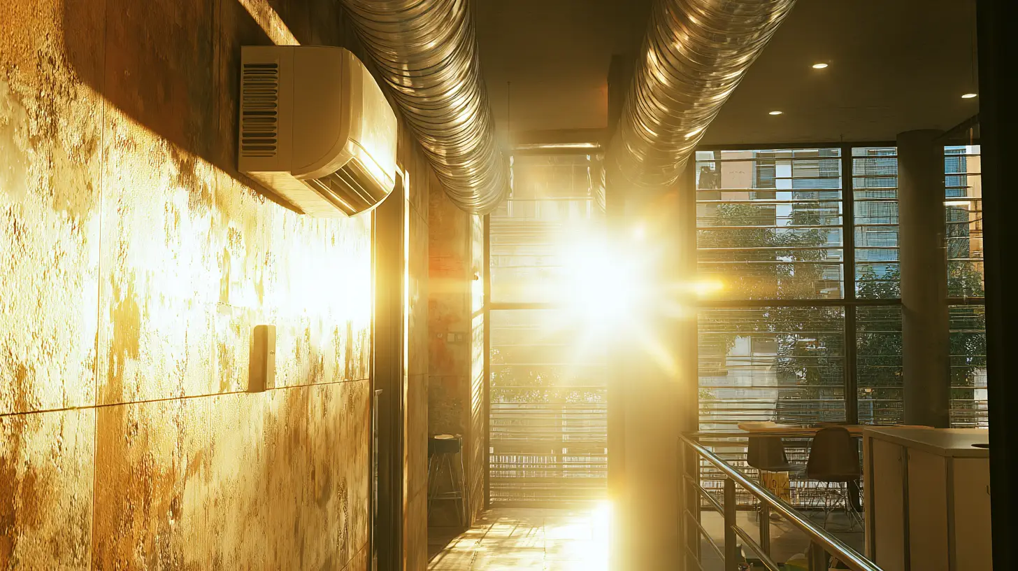 Wall-mounted ductless mini split HVAC unit installed in a modern residential interior with warm golden sunlight
