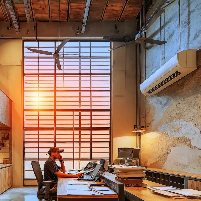 Modern industrial-style office with exposed ceiling, ductless mini-split HVAC unit, and warm sunset lighting