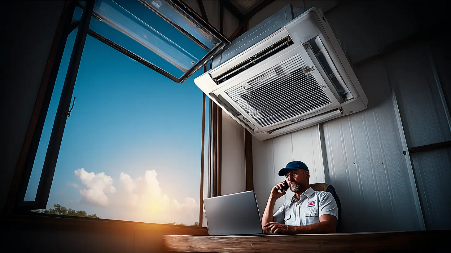 HVAC technician in a modern office under a ceiling cassette unit, sitting at a desk with a laptop and open window at sunset

