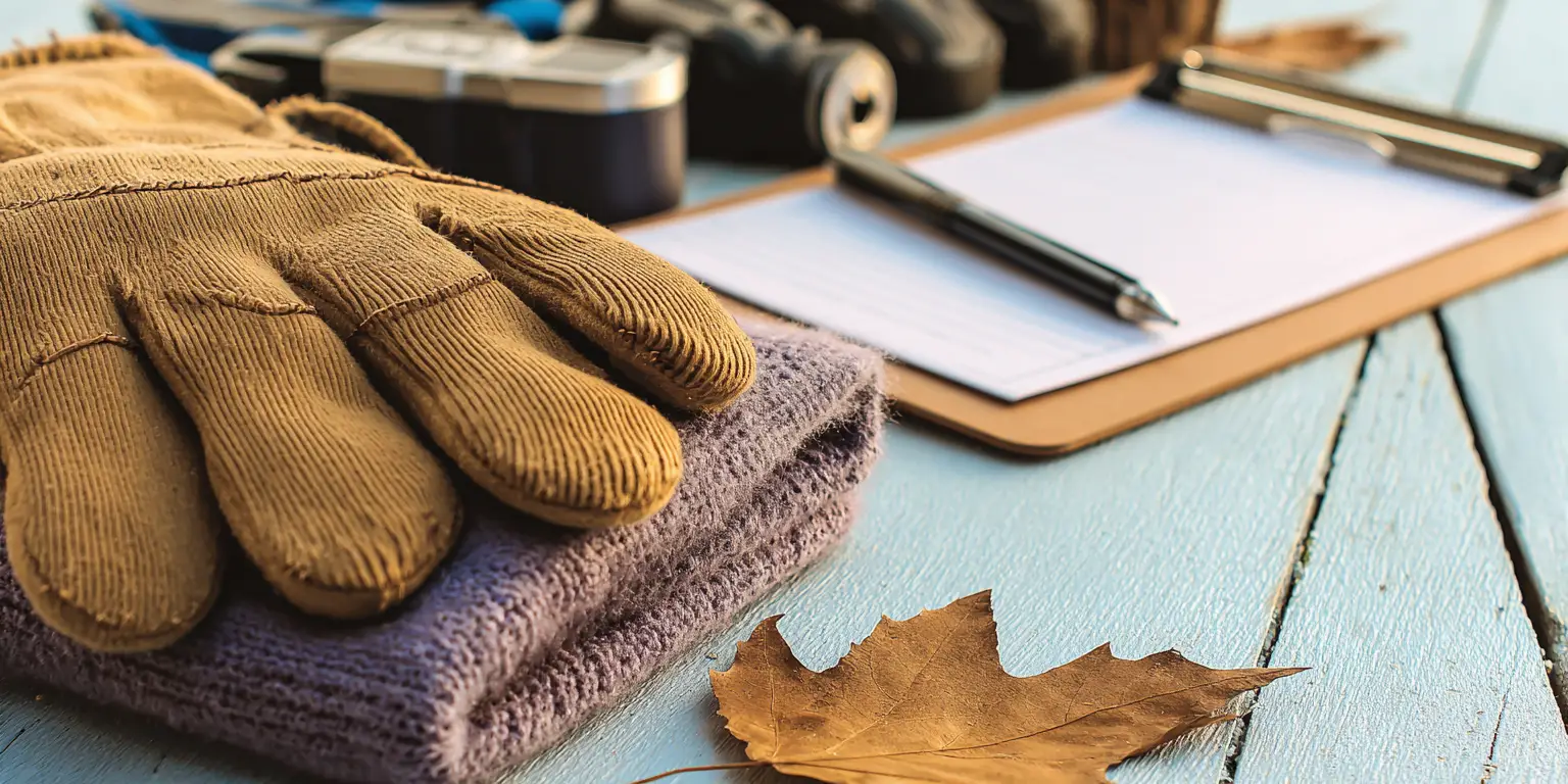 Flat lay of HVAC maintenance tools including gloves, clipboard, and meter on a clean autumn-themed workbench – Yukos Mechanical NYC experts