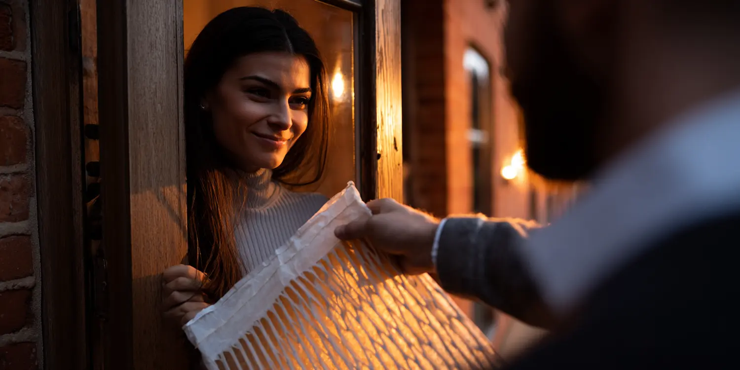 Smiling woman receiving a new air filter at her door during HVAC maintenance visit at sunset.