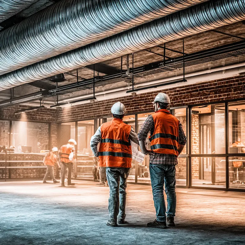 HVAC technicians in safety vests and helmets inspecting ductwork during a commercial building installation project.
