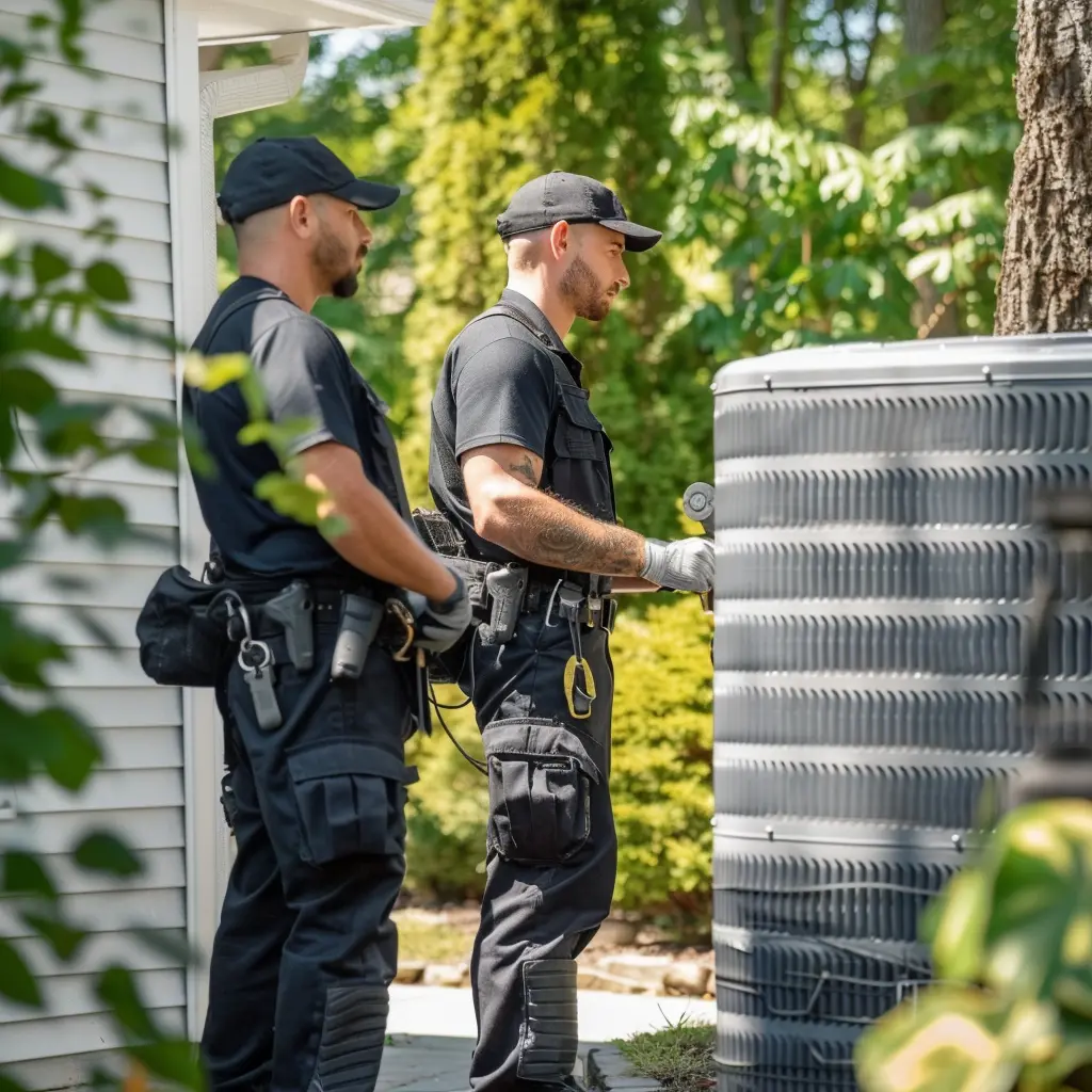 HVAC technicians performing air conditioning service at residential home in Westchester County New York