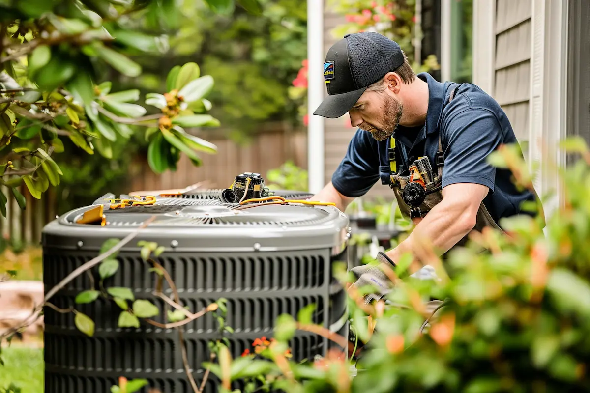 HVAC technician performing maintenance on residential air conditioning unit in Westchester County NY