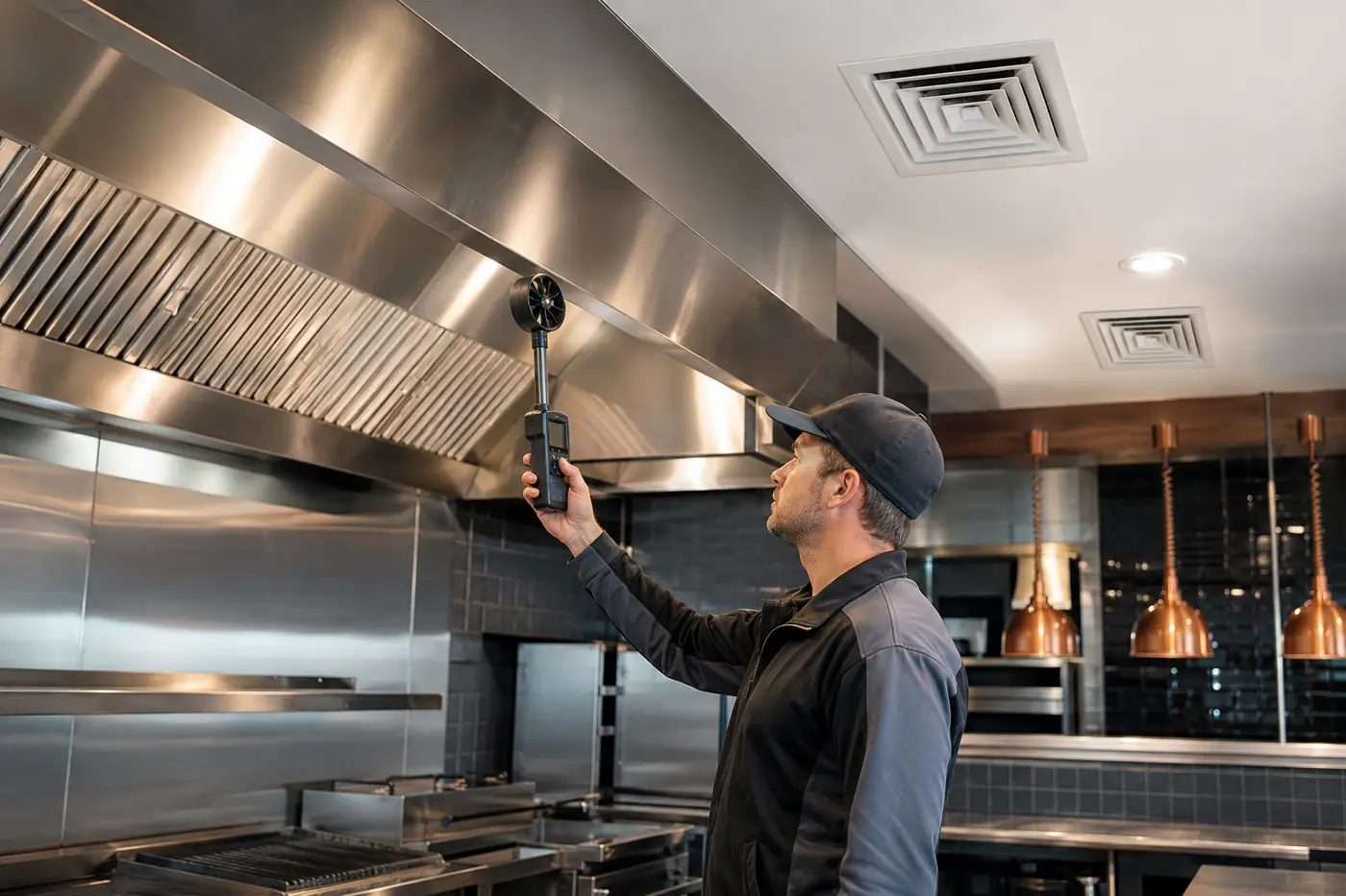 HVAC technician measuring airflow at a commercial restaurant exhaust hood and make-up air system.
