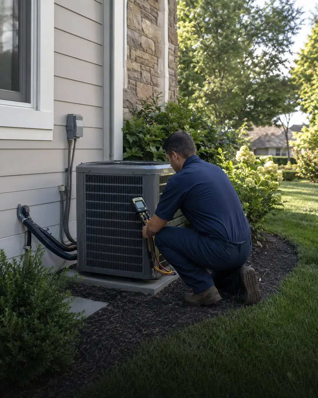 Residential HVAC technician servicing an outdoor air-conditioning system beside a Westchester County home.