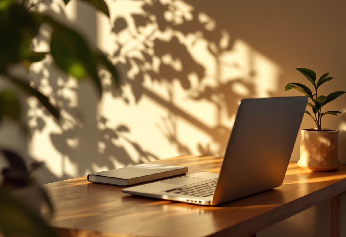 [background image] image of a desk with a laptop and a plant