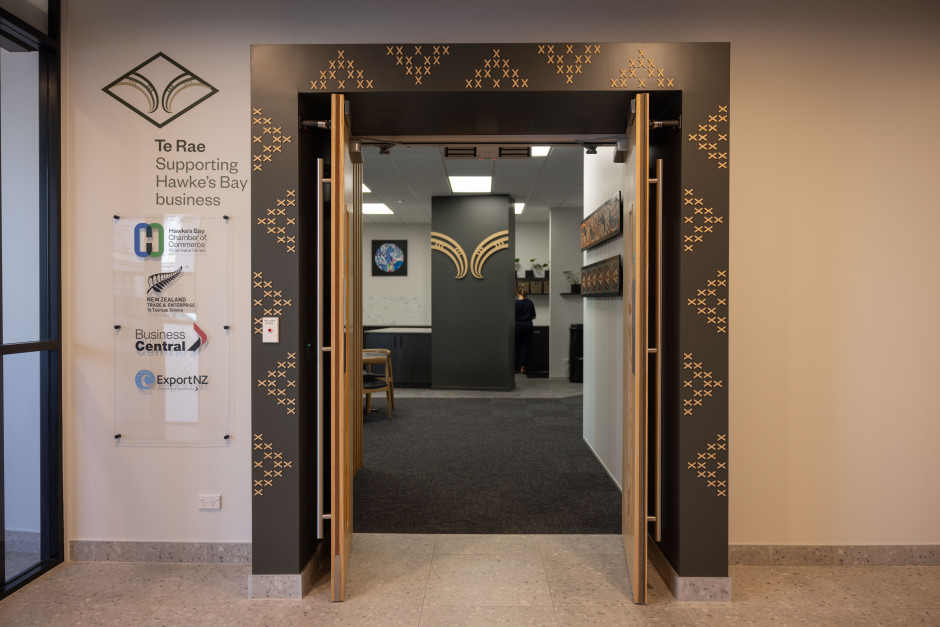 A shot of the interior door, entering the Te Rae space from the building foyer.