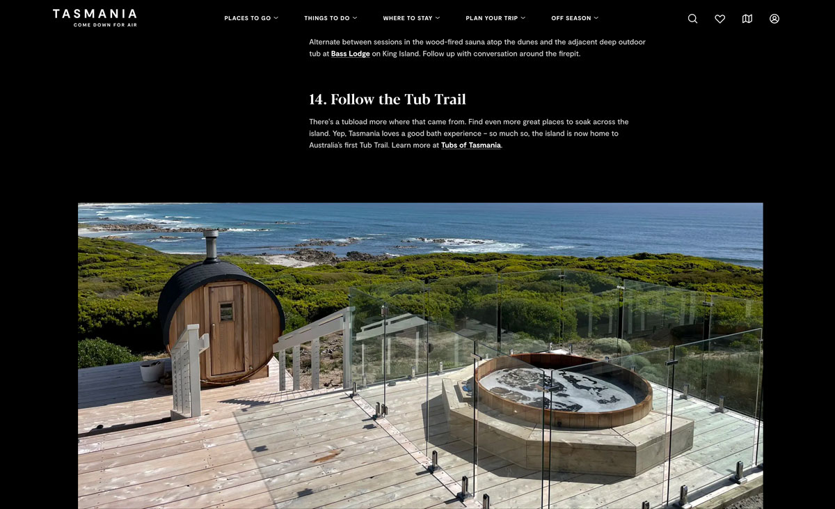 screenshot of tasmania website showing tub trail feature