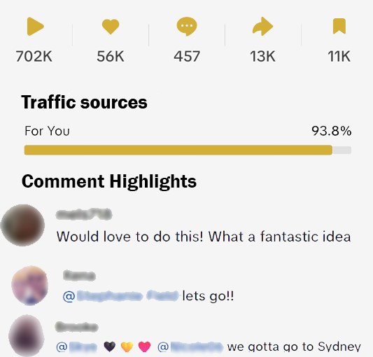 Screenshot of analytics and comments - showing video performance. 507K views, 13K likes, 162 comments, 340 shares, 7.8K favourites. 
