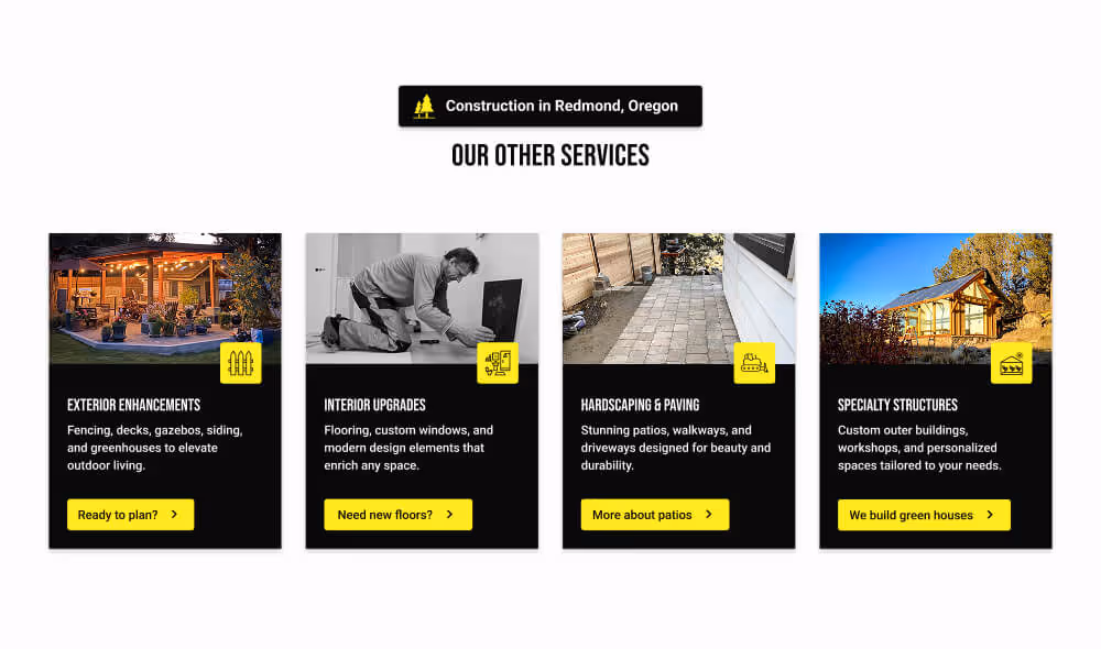A snap shot of the services section for VZ Built Construction in Redmond, Oregon