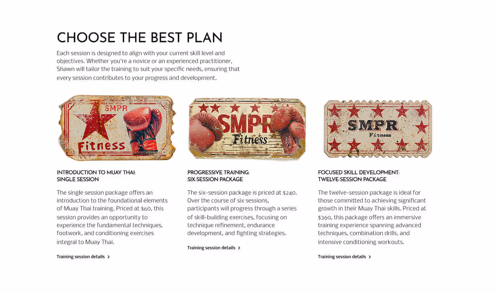 Three vintage-style SMPR Fitness session cards showing pricing and training tiers for Muay Thai classes in Redmond, Oregon