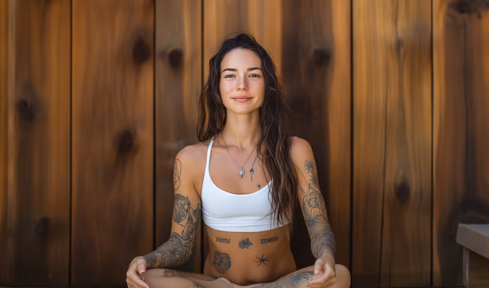 Smiling tattooed yoga instructor sitting cross-legged – team profile image for Flowga website