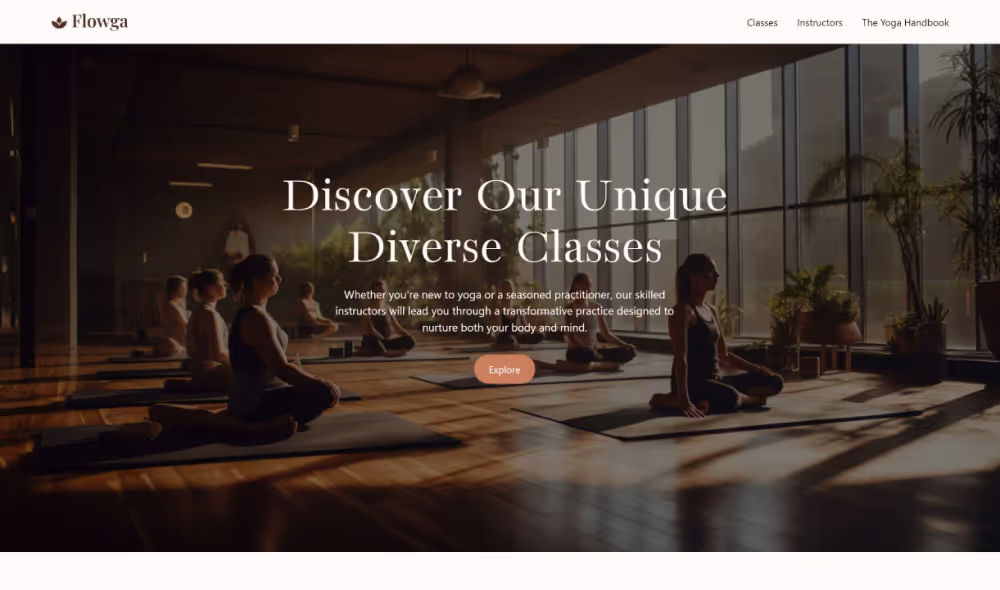 Yoga students seated for a beginner class in a modern studio – hero section for Flowga site