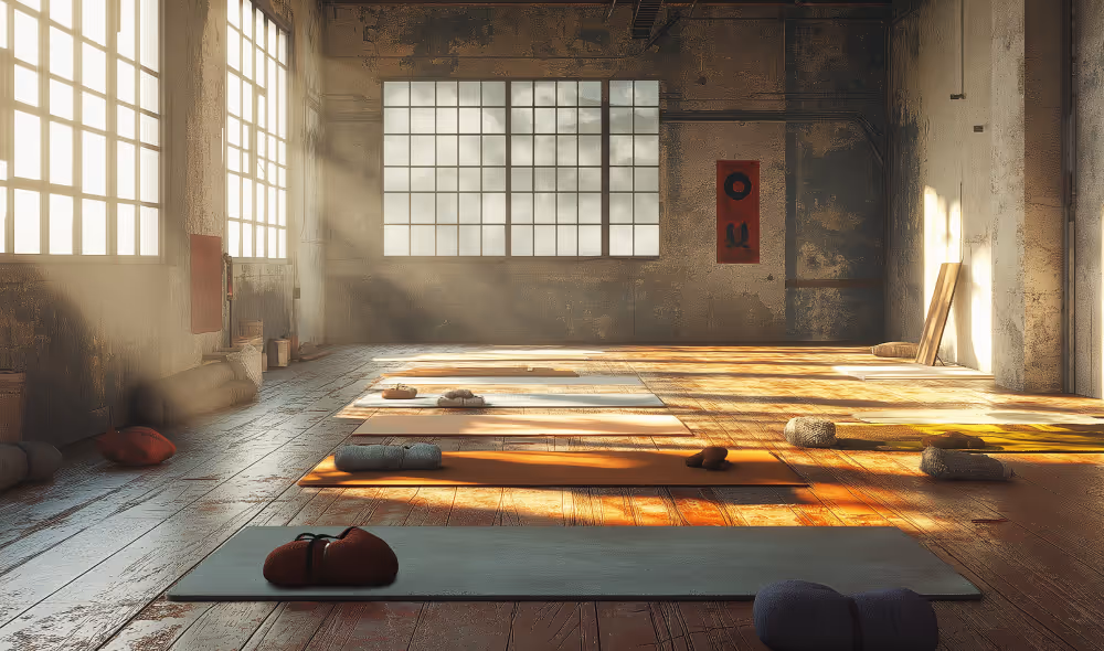 Minimal yoga studio interior with mats and props – part of Flowga branding layout project